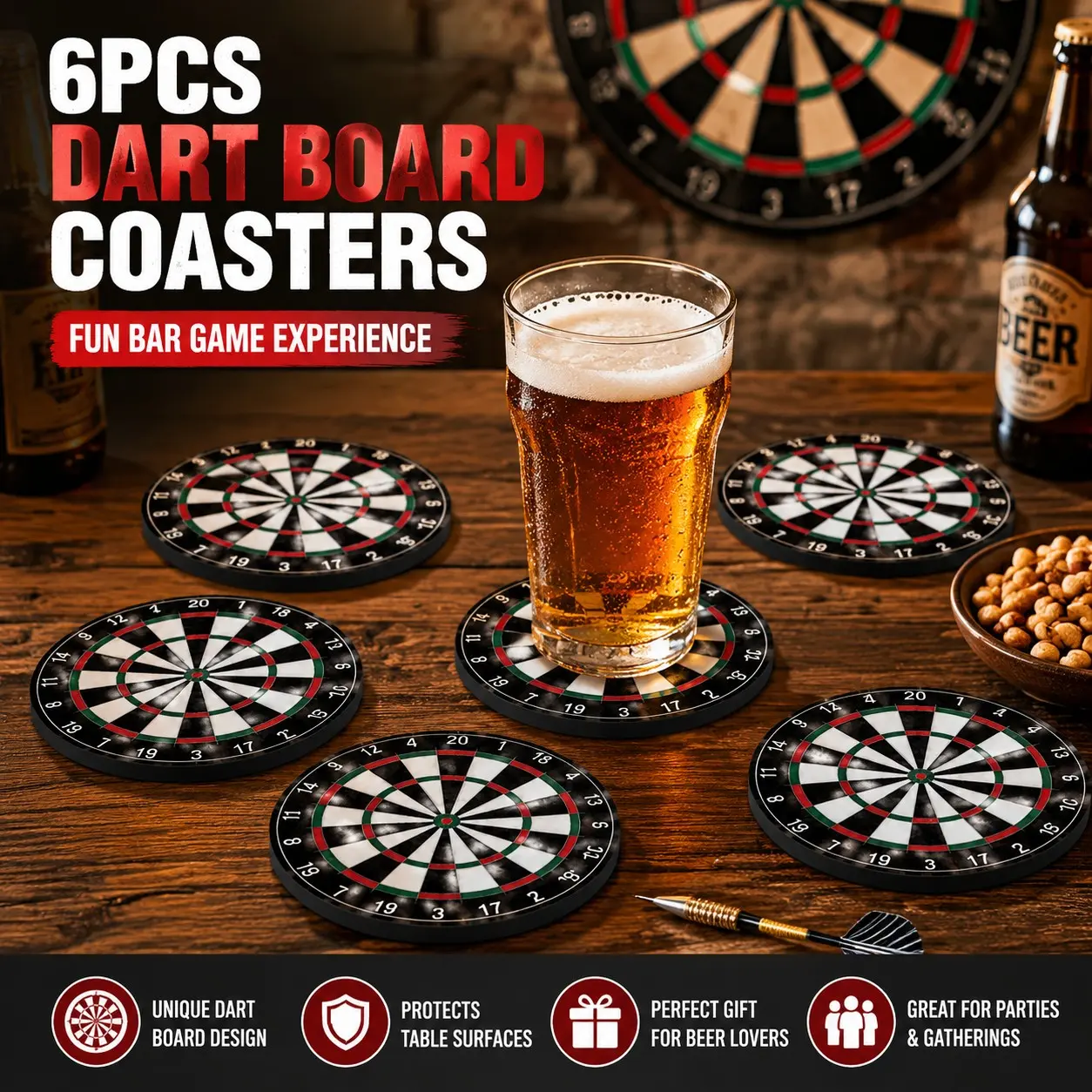 Dart Board Coasters Set of 6, Fun Beer Coasters for Bar Accessories, Mini Dart Game Table Decor, Unique Drinking Game for Parties, Man Cave Decor, Cool Gifts for Men, Beer Lovers, Friends and Family Gatherings