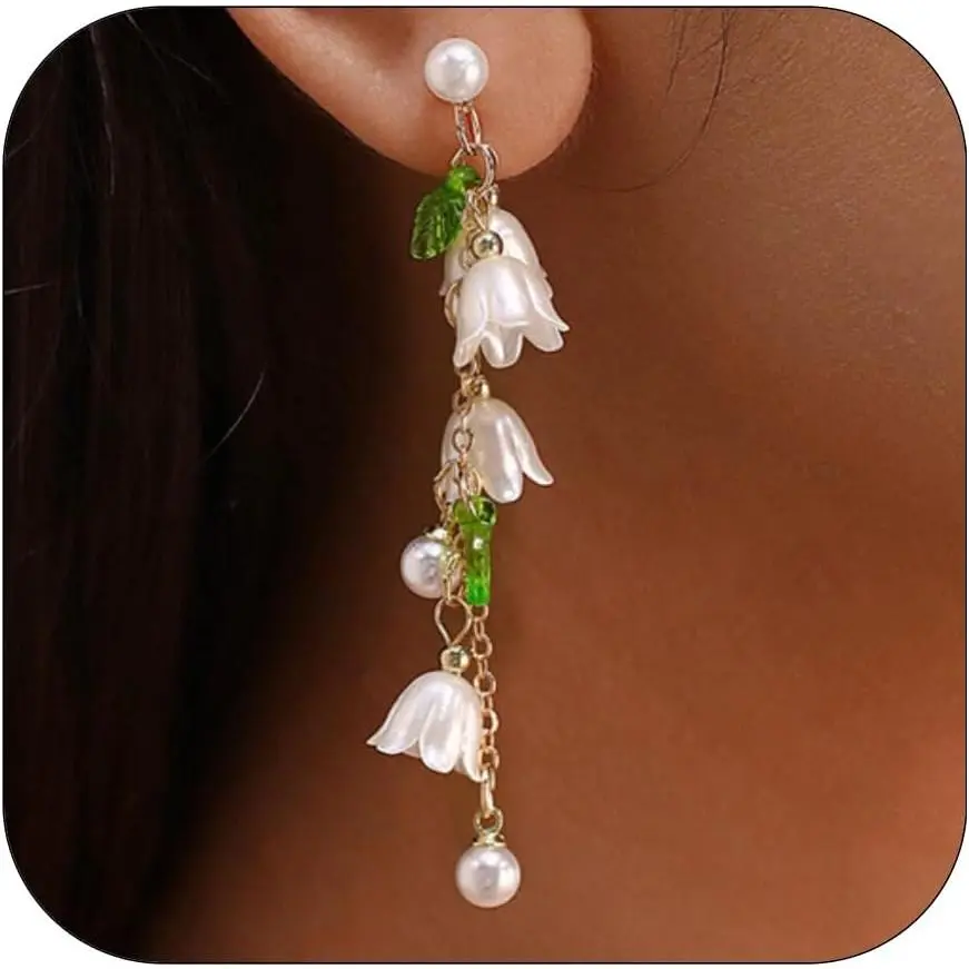Cute  Of The Valley Earrings Fairy Flower  for Women, Statement White Flower  Long Tassel Dangle Earrings Idyllic Holiday Leaf Earrings