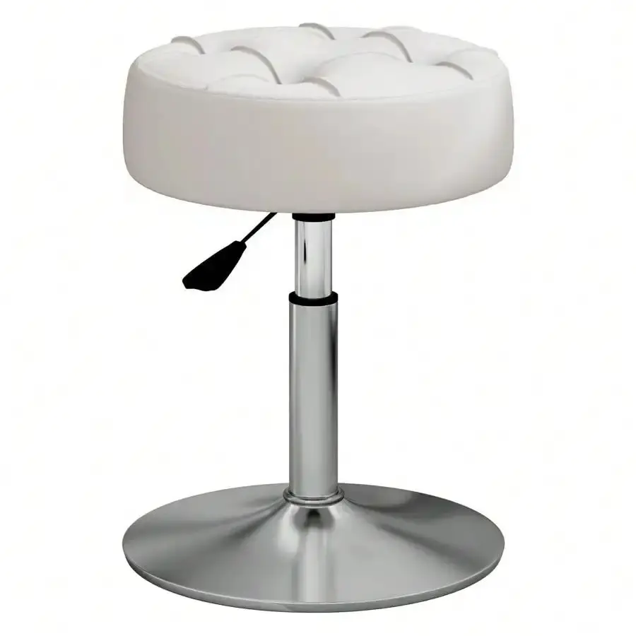 Height-Adjustable Swivel Seat Faux Leather Vanity Stool with Storage - Modern White Commercial Office Furniture, Makeup Bedroom Chair, Round Ottoman Computer Desk Stool (Requires Assembly)