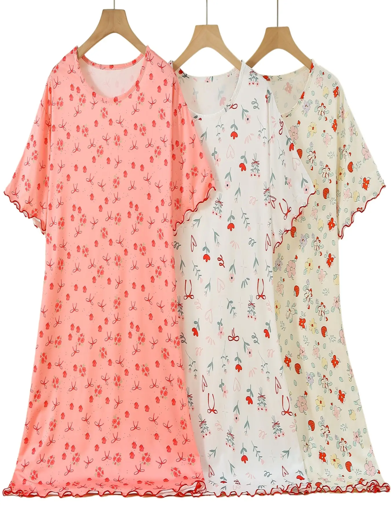 3-Pack Short Sleeve Summer Nightdresses, Loose Fit Floral Print, Comfortable Casual Sleepwear Loungewear, Round Neck, Butterfly Knot Design, Rolled Hem