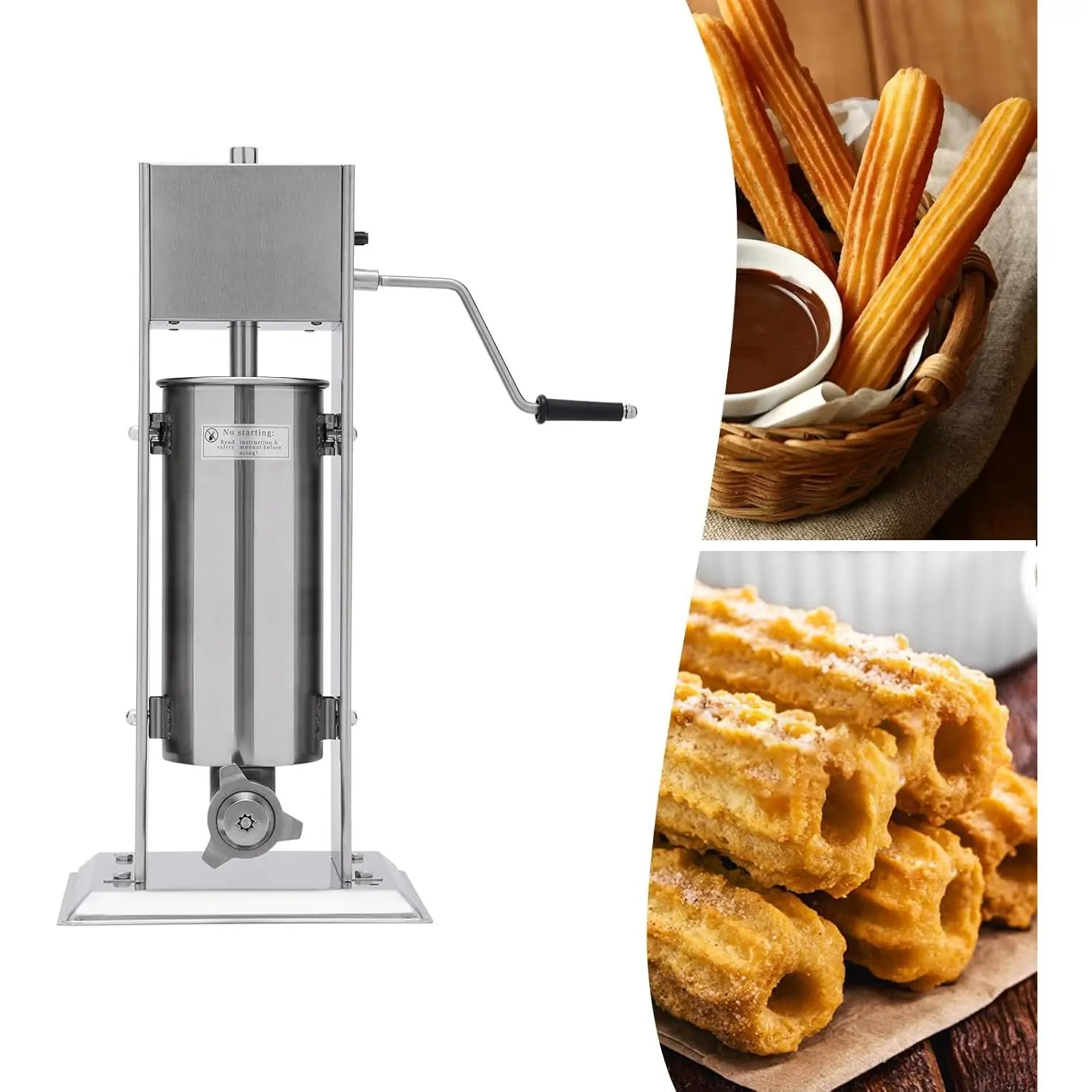 5L Silver Stainless Steel Vertical Manual Crank Churros Maker with 6 Multiple Dies - Commercial Kitchen Utensil for Home Restaurants, Ideal for Churros Making