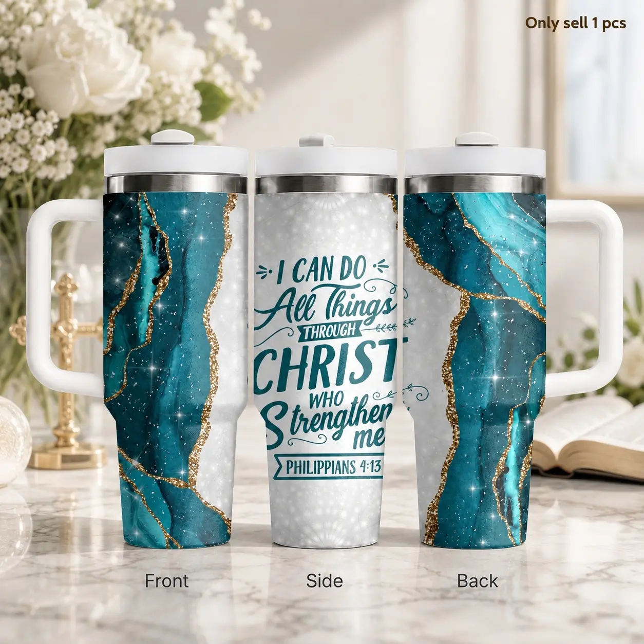 Marble Faith in Christ 40oz Tumbler for Women, Inspirational Bible Verse Stainless Steel Insulated Drink Cup with Handle and Straw, Leakproof Travel Mug for Coffee, Water, Church, Office and Christian Gifts