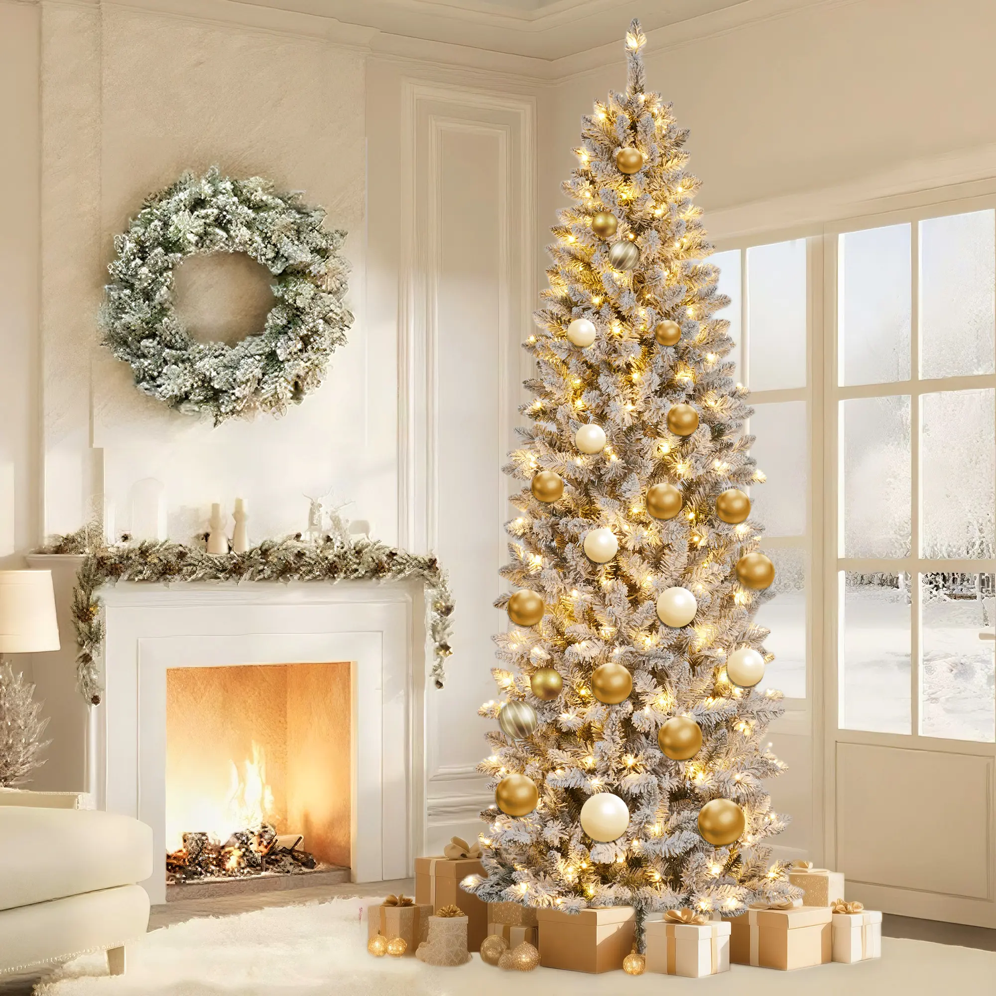Pre-Lit Snow-Flocked Pencil Christmas Tree, Slim Artificial Xmas Tree with Warm White LED Lights, Frosted Hints, Easy-Assembly Hinged Divisions, Collapsible Stand - 6ft/9ft