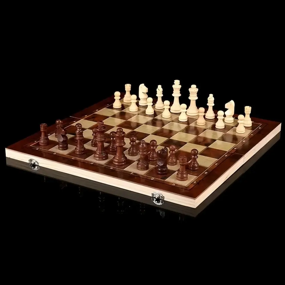Three-In-One Wooden Chess Board Game Set, Foldable Chess Board, Includes International Chess, Checkers, Backgammon, Perfect for Family Fun