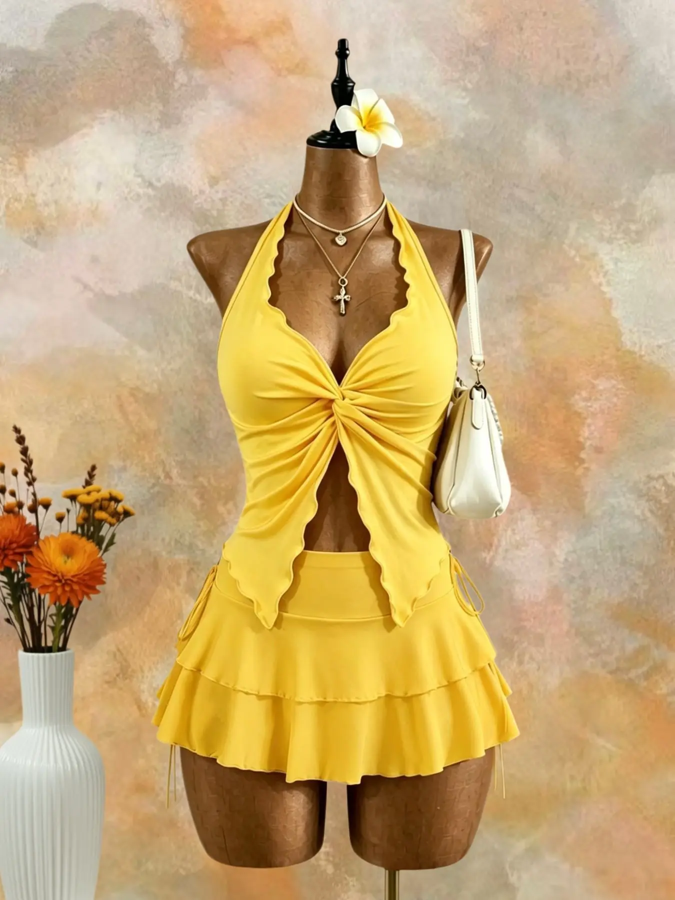Women's Pure Desire Halter Neck Tie Sleeveless Dress Set, Summer Casual Wear, Summer Clothes Women, Ruched Waist Hollow Out Design, High Elastic Slim Fit Two-Piece Set, Conceals Flaws