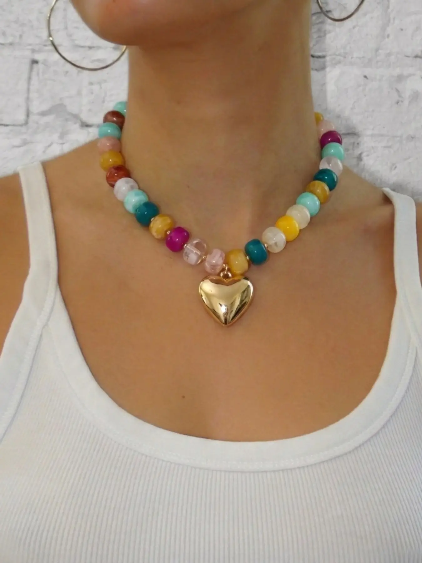 Boho Summer Cool Dopamine Sweet Vintage Colorful Resin Beaded Heart Pendant Necklace, Decorative Necklace, Fashion Style Daily Versatile Accessory, Dainty Boho Necklace