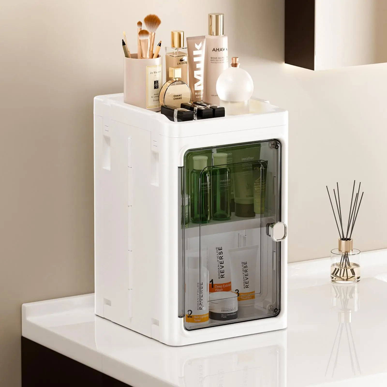 Nifogo 1/3/5-Tier Slim Plastic Storage Cabinet, Tall Narrow Organizer with Doors, Adjustable Shelves & Rolling Wheels, Stackable Collapsible Cabinet for Small Spaces, Bathroom Kitchen Use