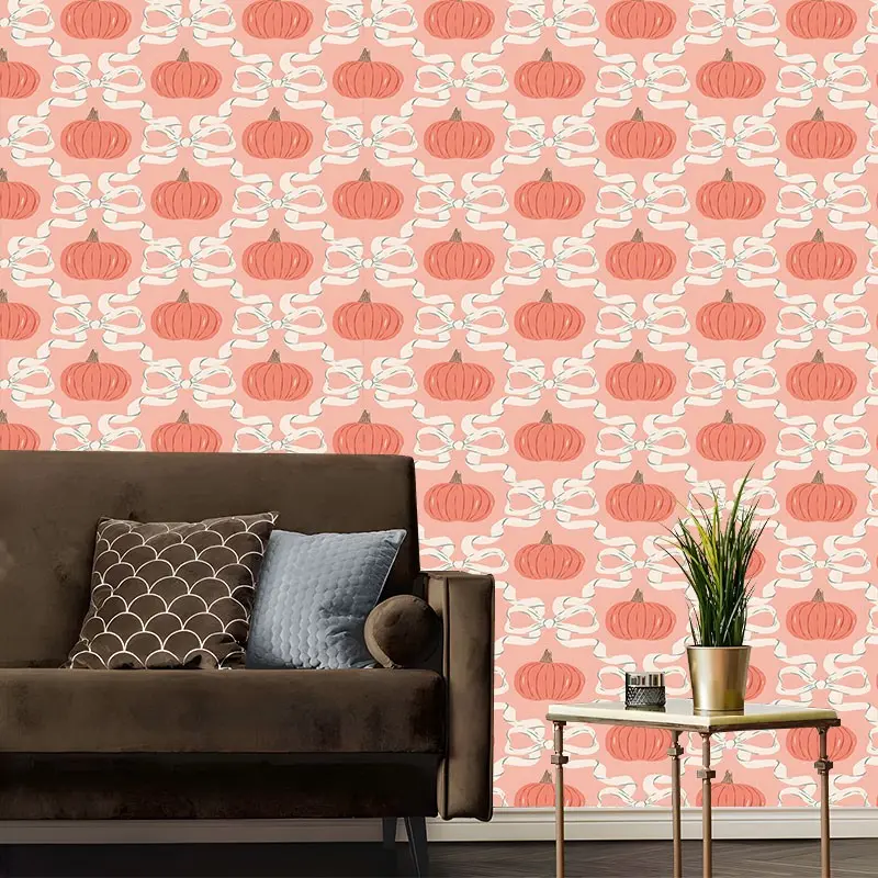 Cute Pink Bow & Pumpkin Peel And Stick Wallpaper,Removable Self Adhesive Contact Paper for Bedroom,Living Room,Kitchen,Romantic Aesthetic Wall Decor Roll,No Residue & Easy Install Paper, Perfect Gift for Girls & Home Decor Lovers, Decorative Wallpaper