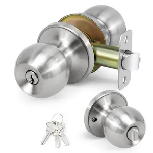 Ball Door Knob Entry Function, Keyed Entry Door Knob with Lock, Round Ball Handle for Front Door Right and Left Side, Satin Nickel,1Pack