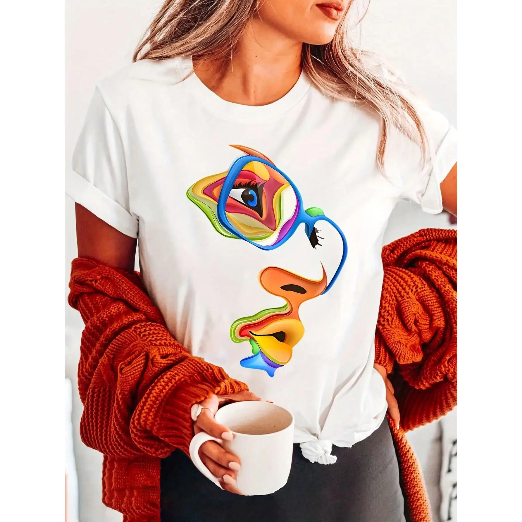 Colorful Abstract Woman Face Glasses Retro Art Women's T-shirt-100% Cotton, Short Sleeve, Round Neck, Rainbow Fluid Art Graphic Print-Suitable for Daily Street & Art Casual Party, Loose Oversized Breathable Soft Basic Top