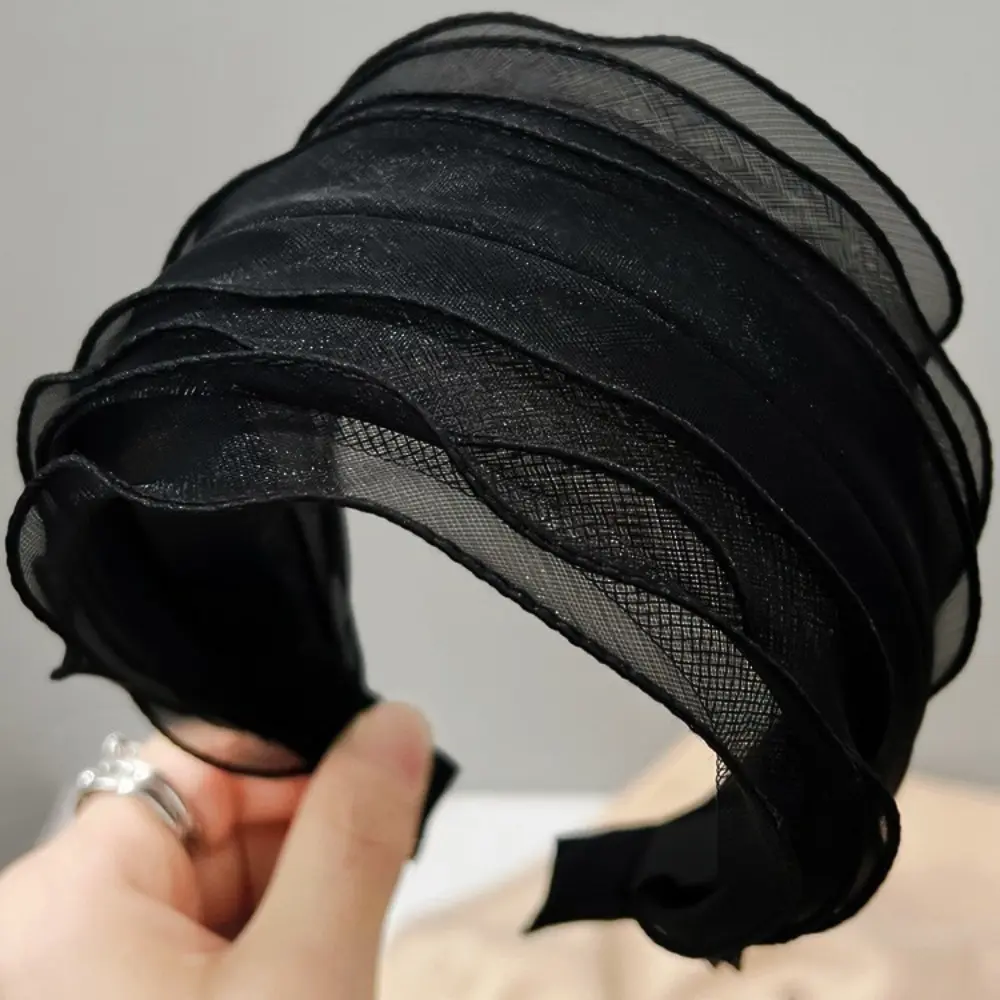 Black Extra Wide Organza Headband, Toothed Non-Slip Gray Hair Coverage Hair Hoop, Volumizing Women’s Daily Hair Accessory