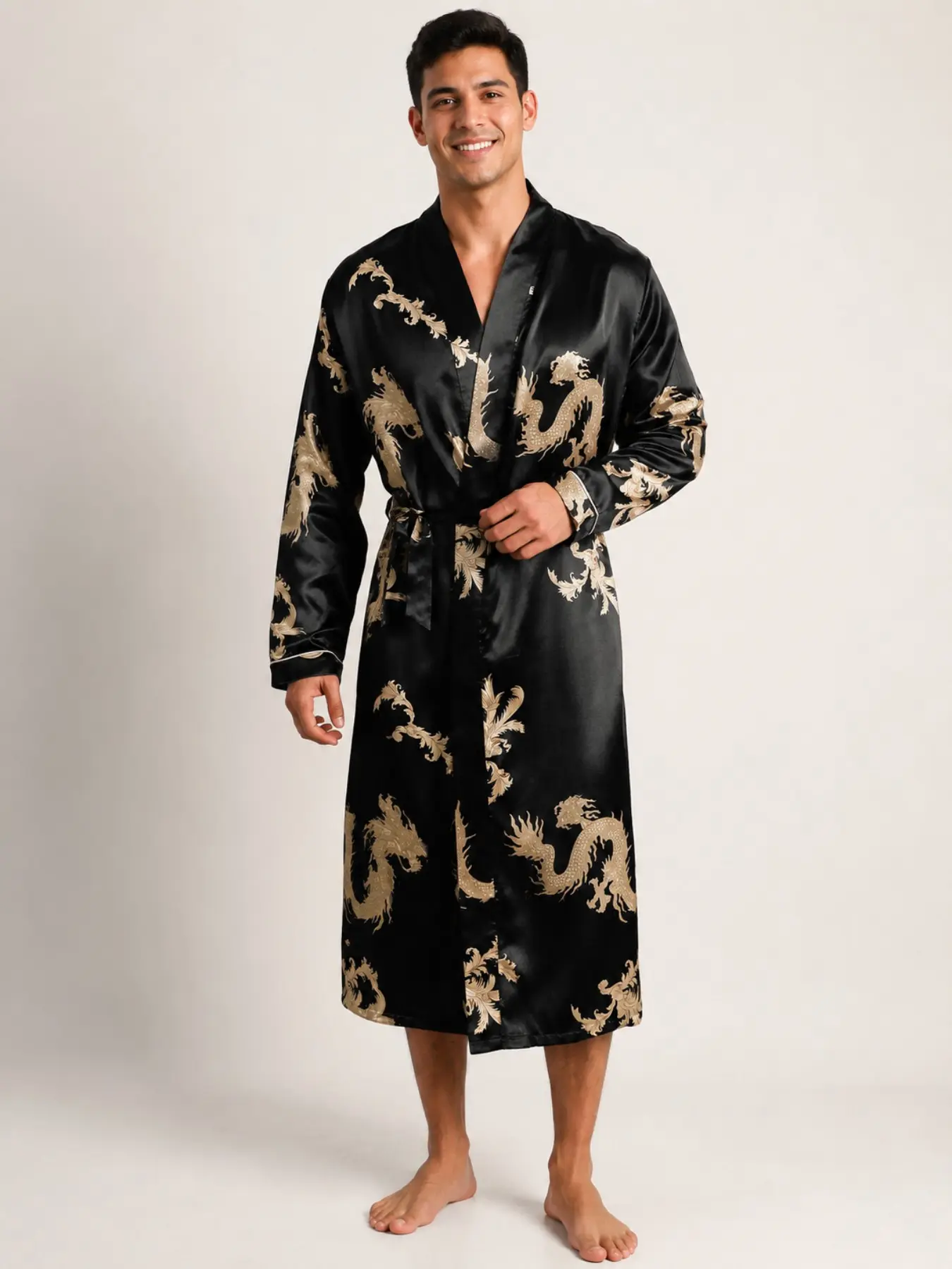 Men's Gold Dragon Print Satin Feel Long Sleepwear, Long Sleeve Tie-Back Loose Home Robe, Comfortable and Stylish Nightgown, Loungewear