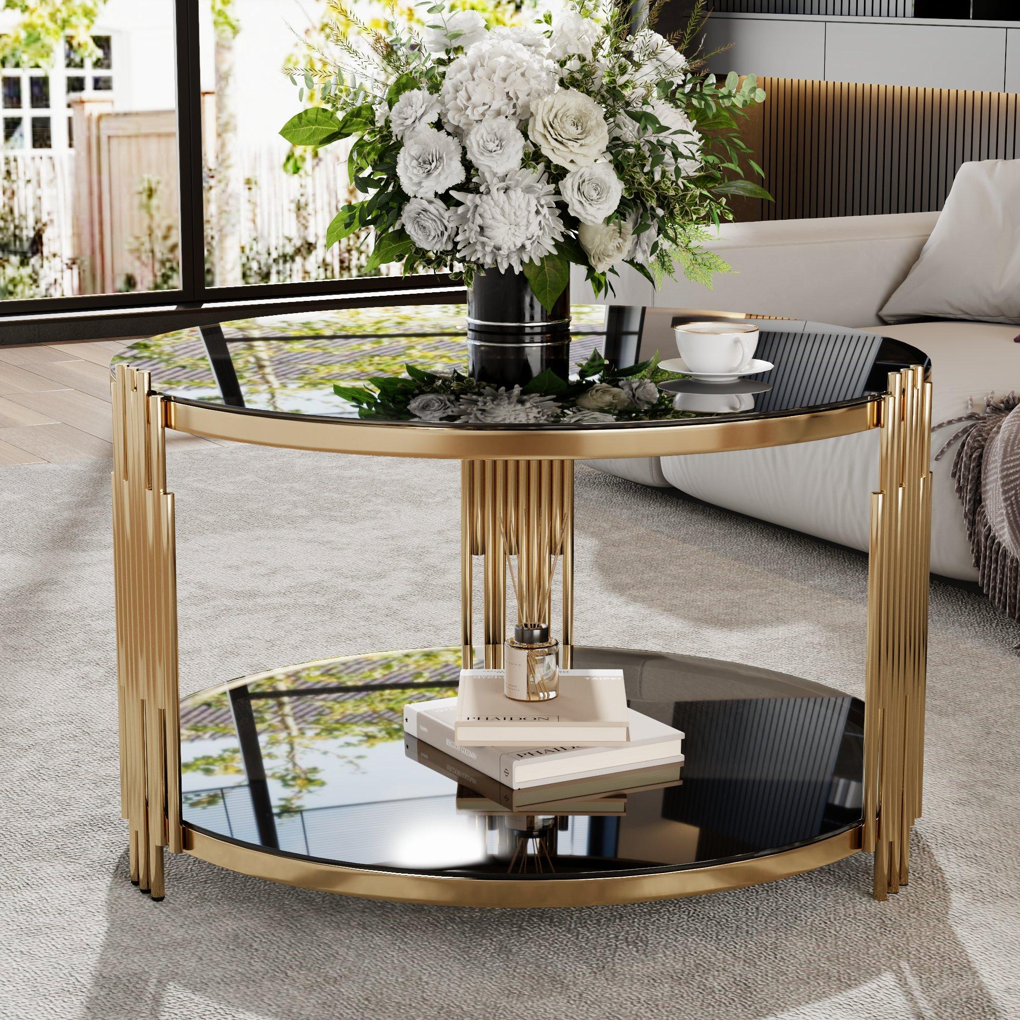 [Bellemave]Modern Black Mirror Coffee Table, Asymmetrical Metal, Circular Metal Drum Base, Gold Finish & Lower Shelf