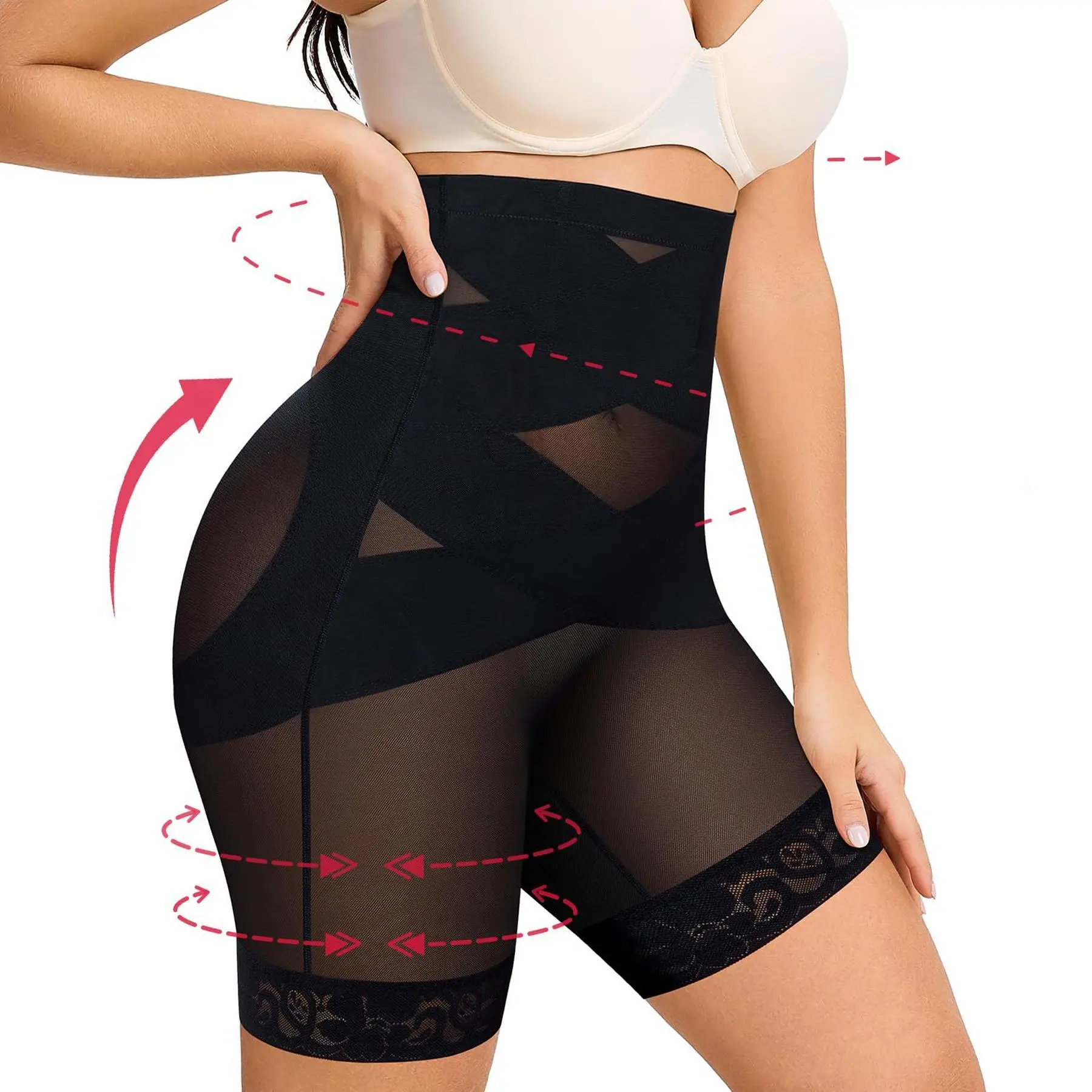 Women's High-Waisted Breathable Shapewear Pants - Tummy Control, Butt Lifting, Thigh Slimmer Boyshorts with Lace, Mesh Fabric, Sporty Chic Style for Activewear & Everyday Wear, Body Contouring, Basic, Polyester, Breathable Fit, Lady, Simple Look