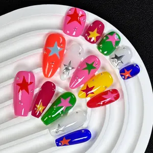 Star Pop Press On Nails, Nail Design | Short Square/Medium Coffin,10pcs Handmade glossy high-saturation rainbow nails with multi-color star print & silver rhinestone accents,Y2K dopamine style for summer travel,party & daily wear,reusable durable