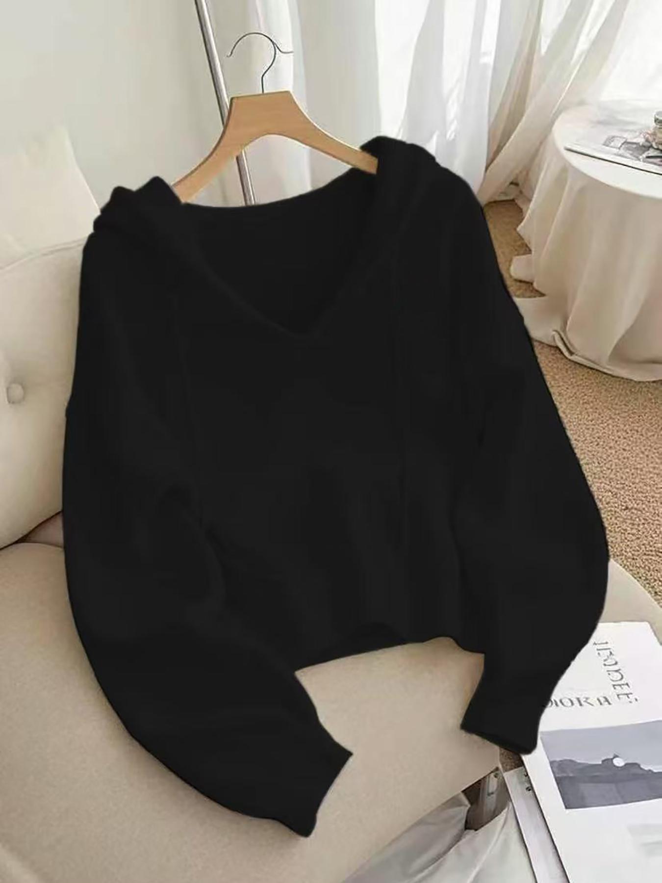 Women's V-Neck Adjustable Drawstring Hoodie, Loose Fit Soft Knit Pullover, Casual Unique Design Long Sleeve Sweatshirt for Early Autumn