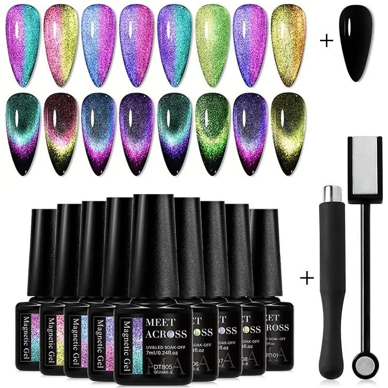 MEET ACROSS 9D Rainbow Magnetic Gel Base Color Nail Polish Set, 11pcs Starry Sky Effect Cat Eye Nail Gel Semi Permanent Long-Lasting, Soak Off UV Gel for Nail Manicure, Easy To Apply, Fashion Gorgeous Nail Art Gift for Women & Girls