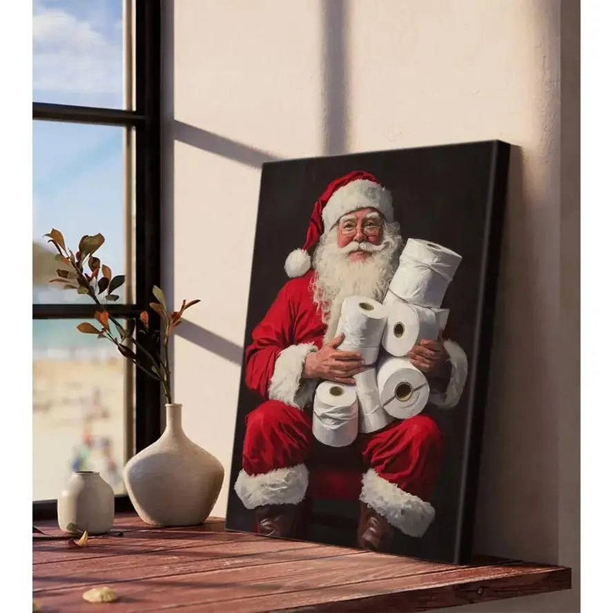 Santa Bathroom Canvas Wall Art, Funny Christmas Decor, Festive Holiday Painting, Santa Claus Art, Holiday Seasonal Wall Decor