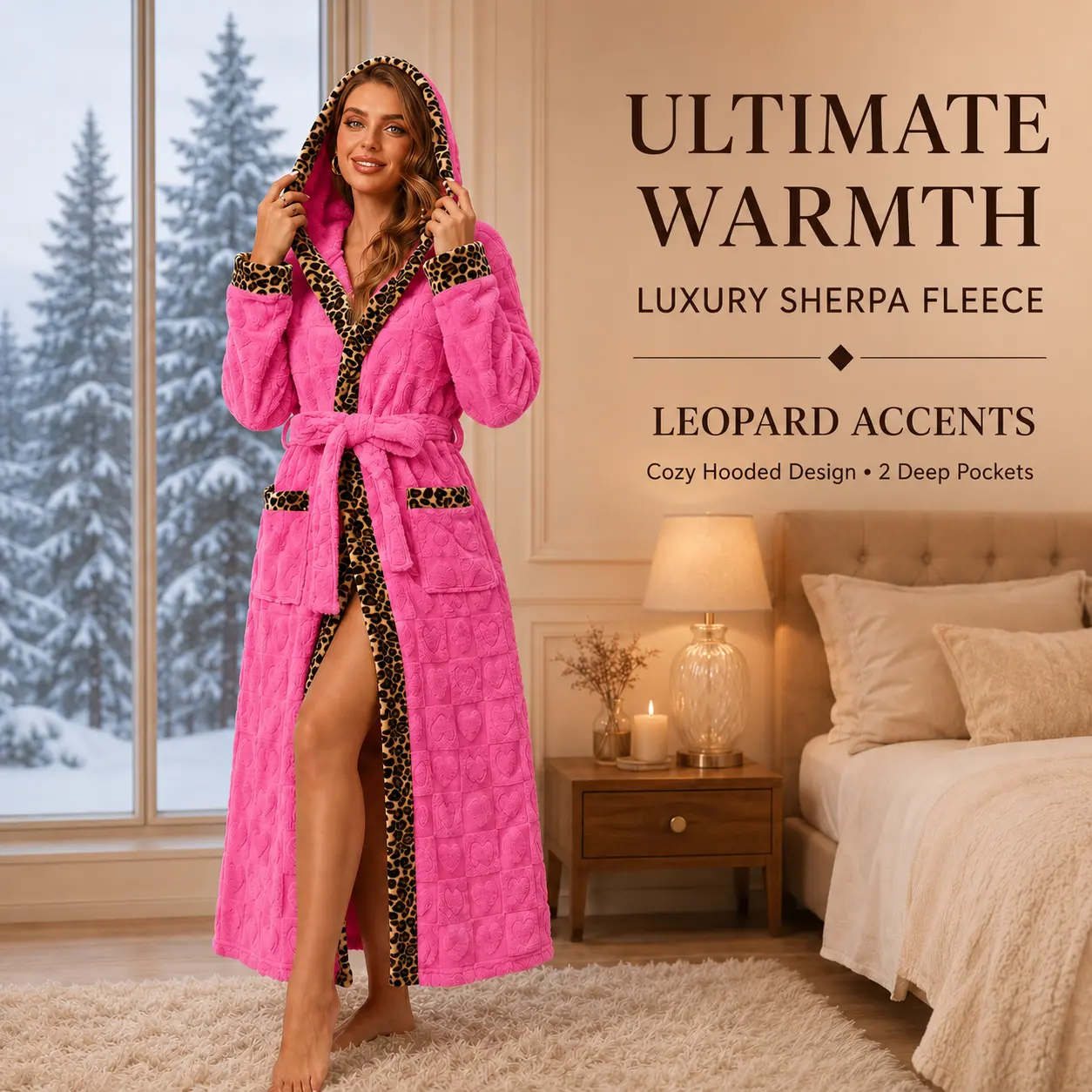 RONGTAI Women's Thick Heart-Embossed Hot Pink Polyester Fleece Wrap Bathrobe - Adjustable, Elegant, Soft Fuzzy Wearable Hooded Long Sleeve Below Knee Lady Stay-In Loungewear Gown with Cheetah Print Trim, Pockets, Lace-Up Belt, All-Seasons Fabric