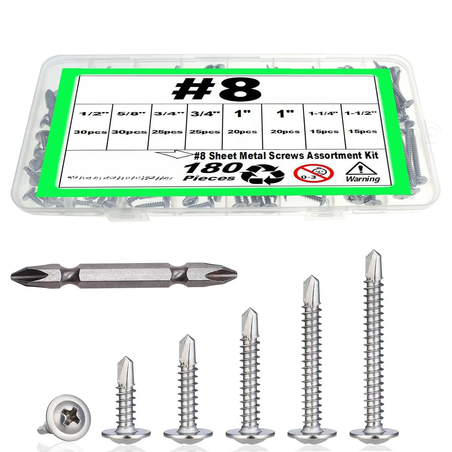 180 count #8 Sheet Metal Screws  Kit, 410 Stainless Steel Self Tapping Screws for Metal,Self Drilling Screw, 6 Sizes (1/2", 5/8", 3/4", 1", 1-1/4", 1-1/2") ()