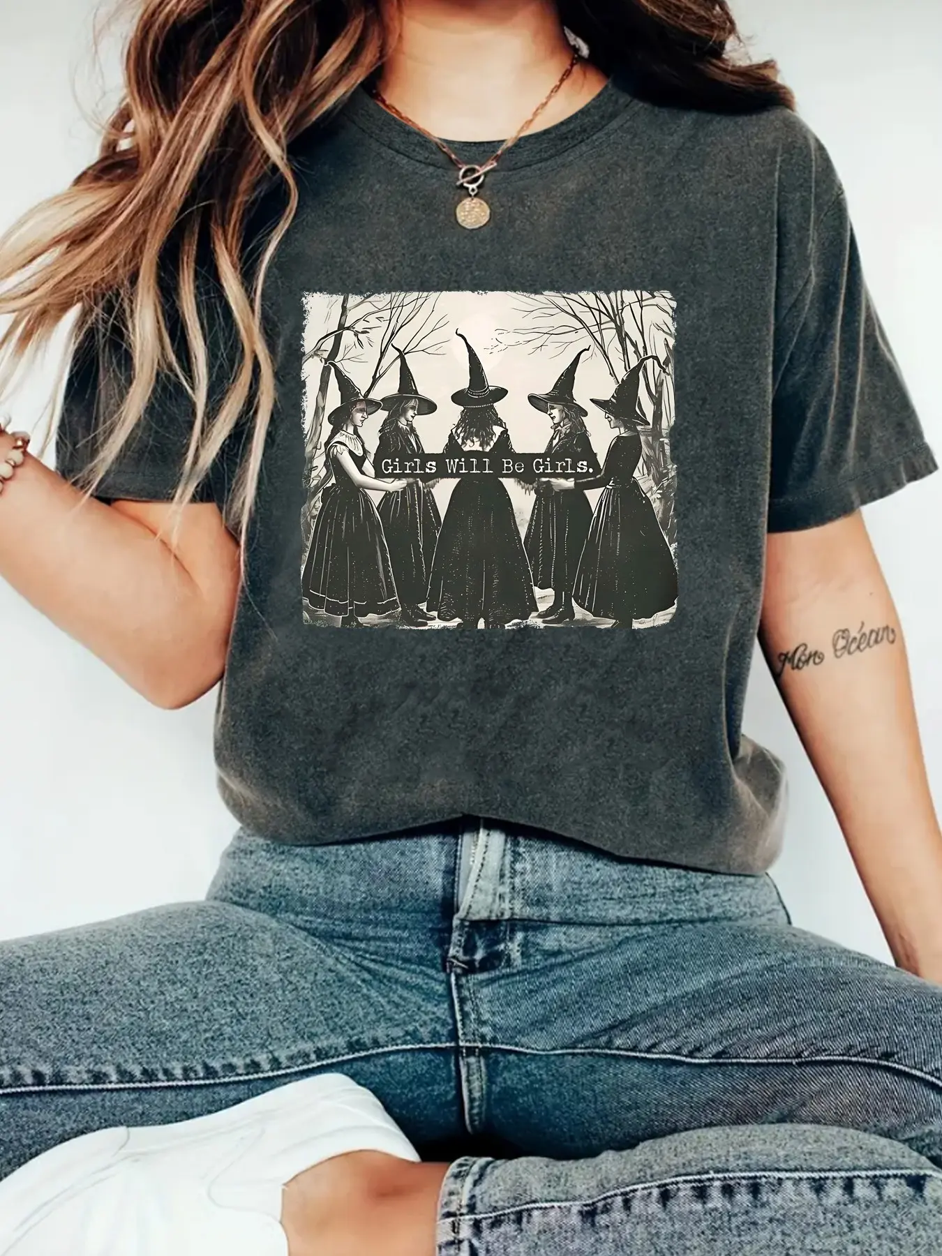 Funny Witch Vintage Shirt, Vintage Halloween Women Shirt, Witchy Vibes Shirt, Summer Casual Fitted Top, Round Neck, Moderate Fabric, Kint Style