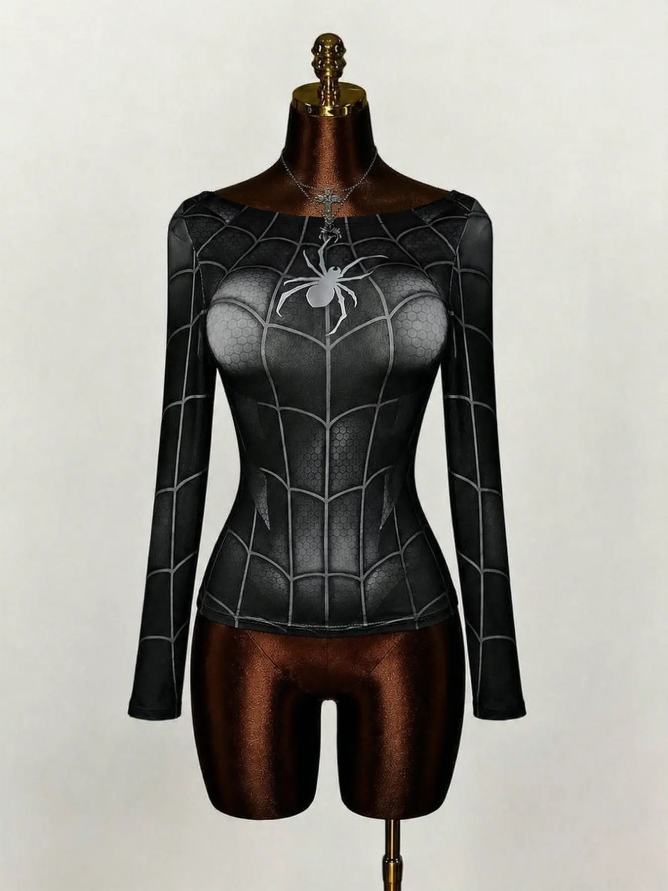 Women's Boat‑Neck Slim‑Fit Spider‑Web Cosplay Long‑Sleeve Top, Suitable For Theme Parties And Event Gatherings
