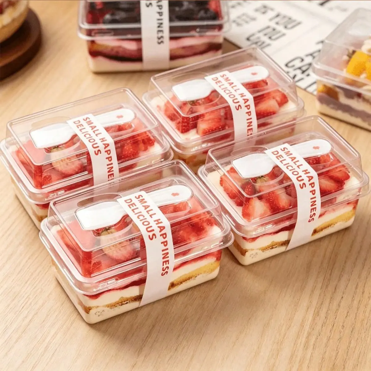 20/50pc Rectangular Dessert Box with Lid and Spoon, Multi-Functional Tiramisu Lock Spoon Box, Ideal for Fruits, Candies, Snacks, Yogurt, Desserts, Plastic Containers