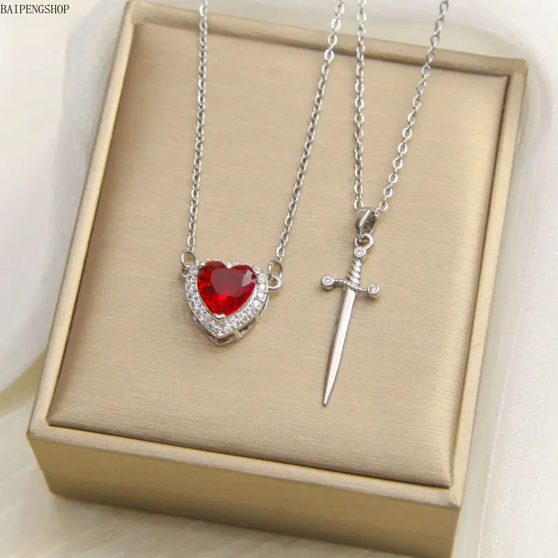 Layered Necklace for Women, Silver Plated Dainty Heart & Sword Pendant with Red Crystal Accents, Hypoallergenic Jewelry, Valentine Gift