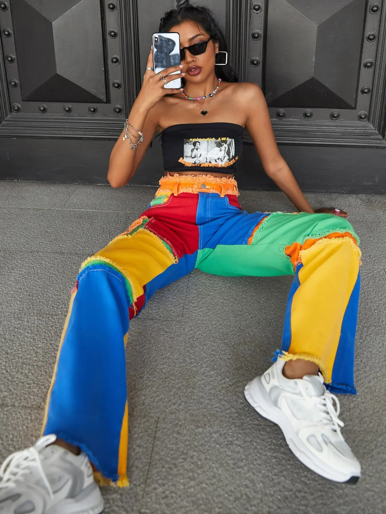 Small Women's Colorblock Frayed Edge Straight Leg Jeans, Vibrant Colors, Multiple Pockets, Streetwear Fashion, Daily Wear, Colorful Patchwork Jeans
