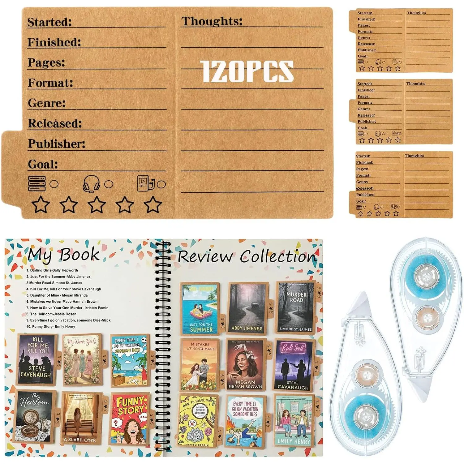 120 count Mini Book Review Bookmarks Reading Journal File Log Page with 2 count Double Sided Correction Tape Reading List Bookmark for Book Lover Bookish  to School Student (Cowhide Color)