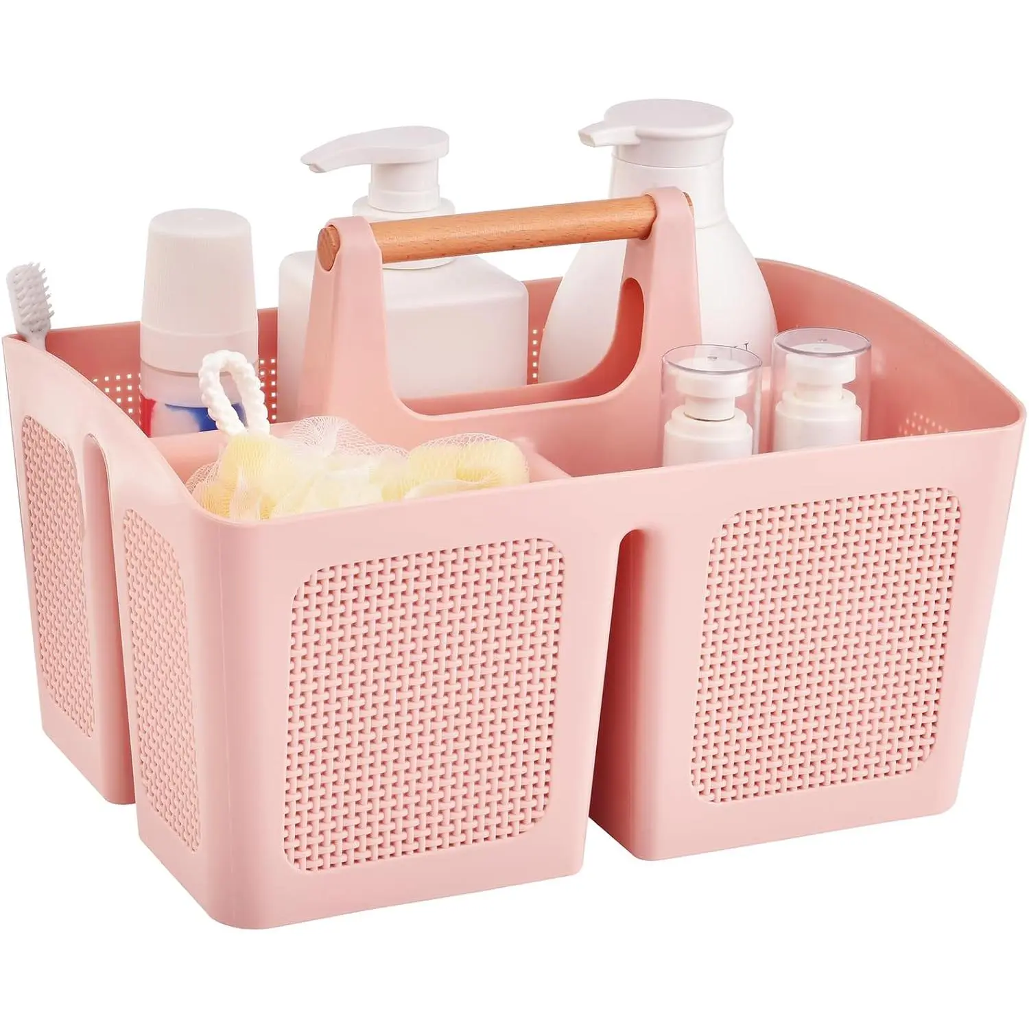 Portable Shower Caddy Basket with Compartments, Plastic Divided Cleaning Caddy Organizer Storage Tote with Handle for Bathroom, College, Dorm Room Essentials, Pink