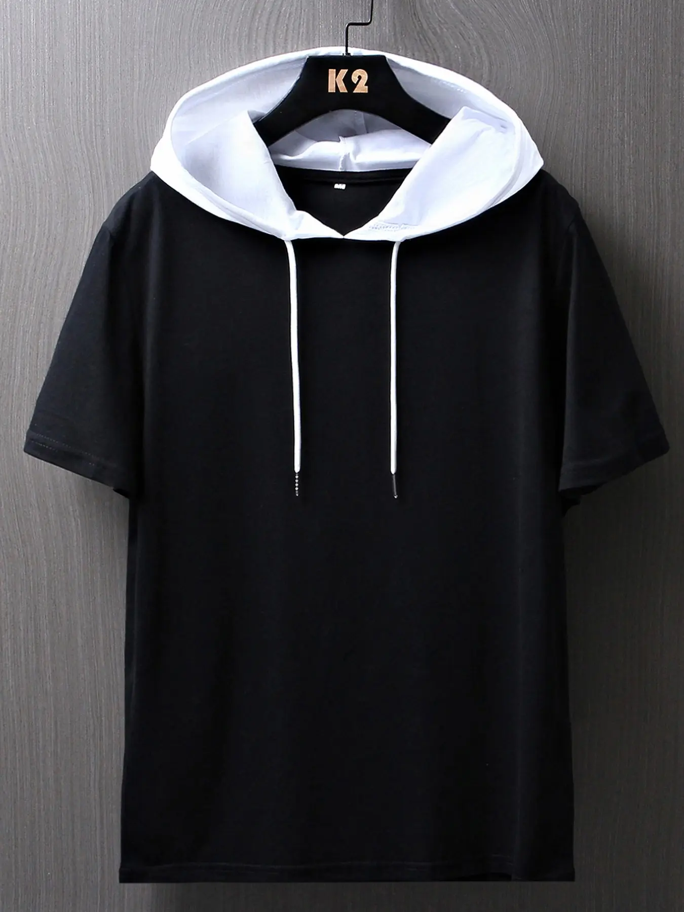 Men Casual Color‑Block Hooded Short‑Sleeve T‑Shirt, Black Solid Tee with White Hood Liner & Drawstring, Basic Loose‑Fit Hoodie T‑Shirt For Daily Sports Street Summer Casual Outfits