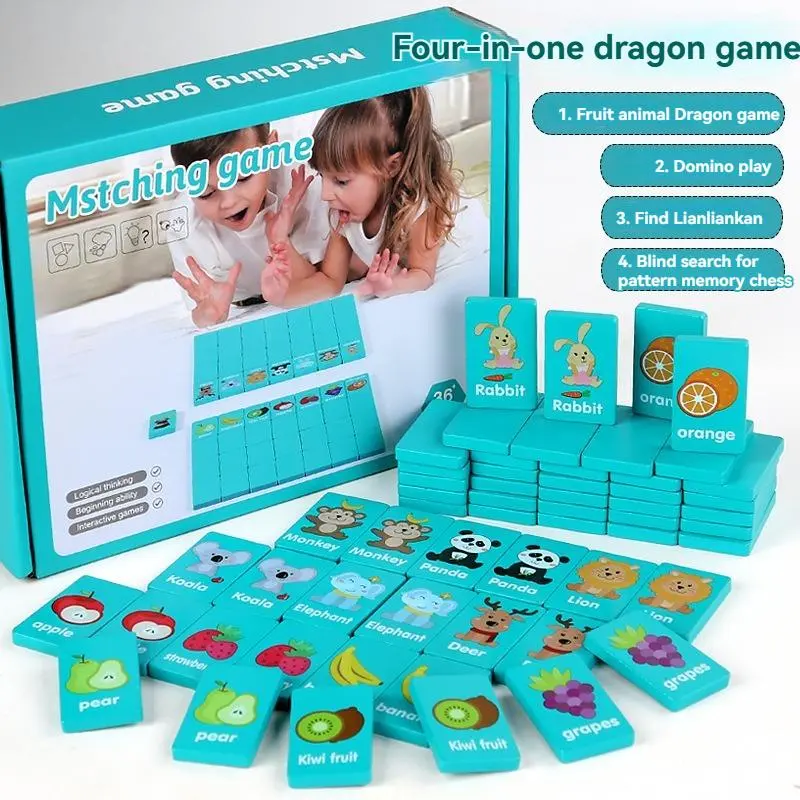 Wooden 4 in 1 Dominoes Game, Fruit & Animal Pattern Matching Memory Chess, Interactive Learning Cognitive Skills Safety Game for Parents & Kids, Family Board Games