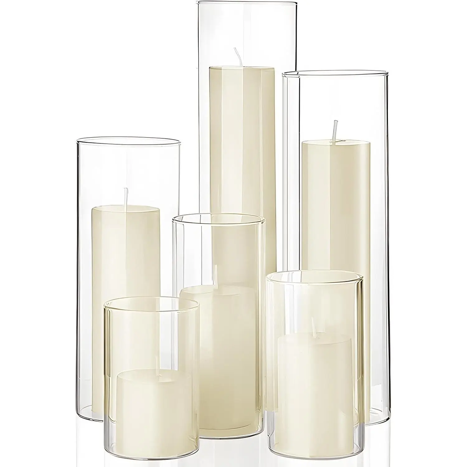 6-Piece Ivory Pillar Candles with Multiple Heights Glass Cylinder Holders, Dining Table Centerpieces for Home, Wedding Party Decor, Dining Table Decor