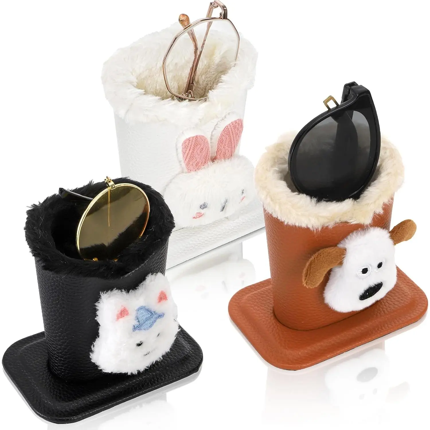 3 Pack Eyeglass Holder Stand, PU Leather Reading Glasses Storage Organizer with Plush Lining, Protective Desktop Glasses Case with Non-Slip Base for Nightstand (Black, White, Brown)