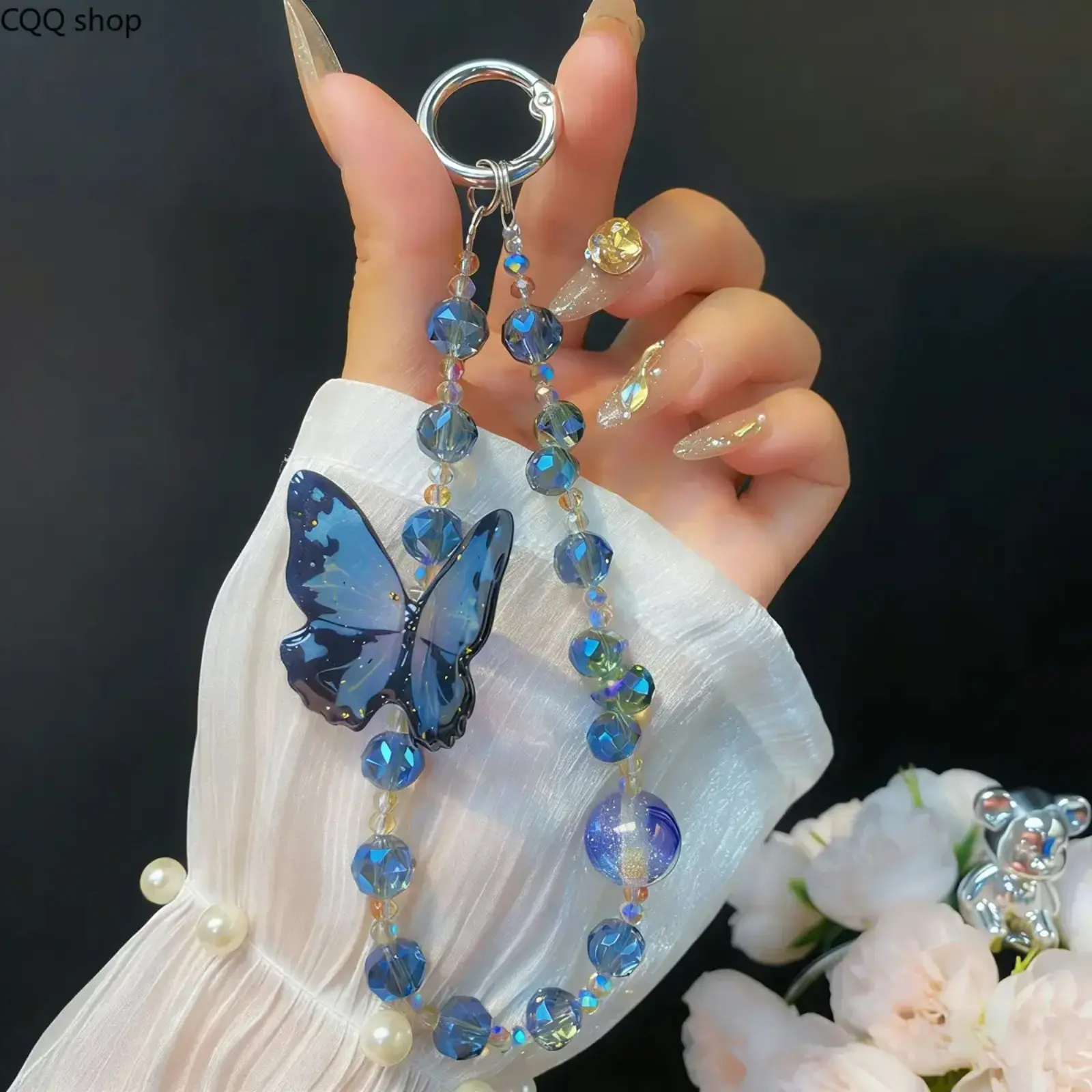 Glitter Butterfly Crystal Beads Phone Chain - Bling Effect Wrist Strap, Aesthetic Accessories for iPhone, Samsung Smartphone & Mobile Devices (Sports & Outdoor Camping Hiking Hammock Companion)