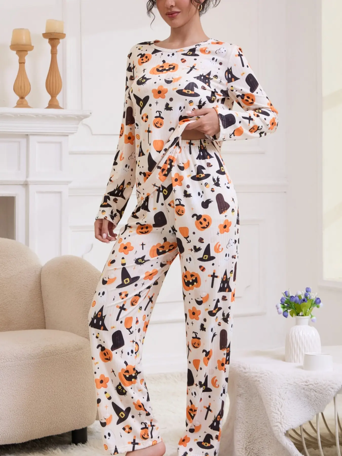 Halloween Pumpkin Pyjamas Set Pajama Set for Women, Ribbed Crew Neck Long Sleeve Tops and Pants 2 Piece Lounge Set Loungewear, Cute Ghost Sleepwear