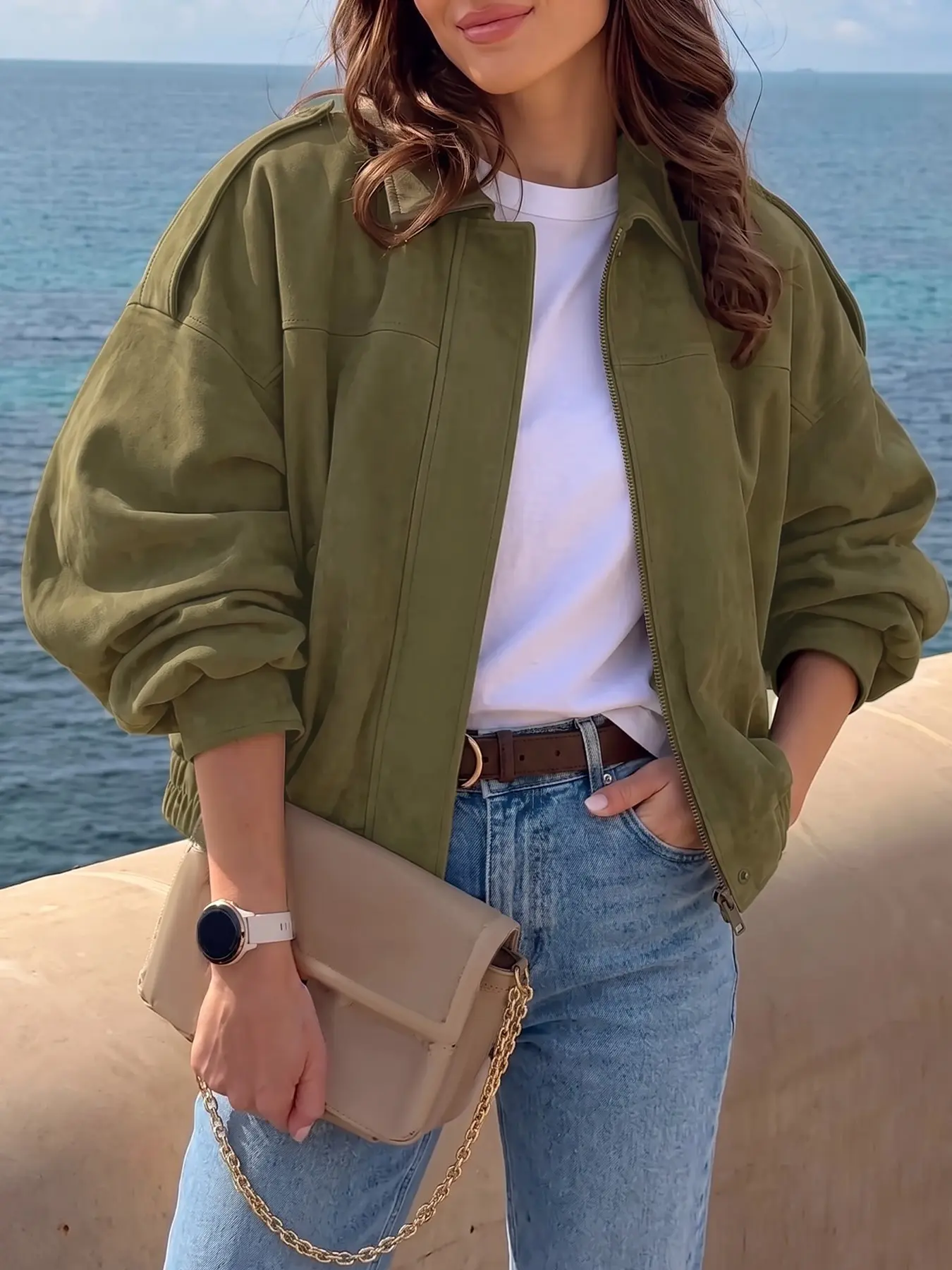 Olive Army Green Soft Matte Faux Suede Lapel Collar Full Front Zip Up Drop Shoulder Oversized Elastic Hem Cropped Bomber Jacket Minimalist Women Relax Loose Vintage Y2K Daily Beach Street Indoor Spring Fall All Season Casual Layering Outerwear Coat
