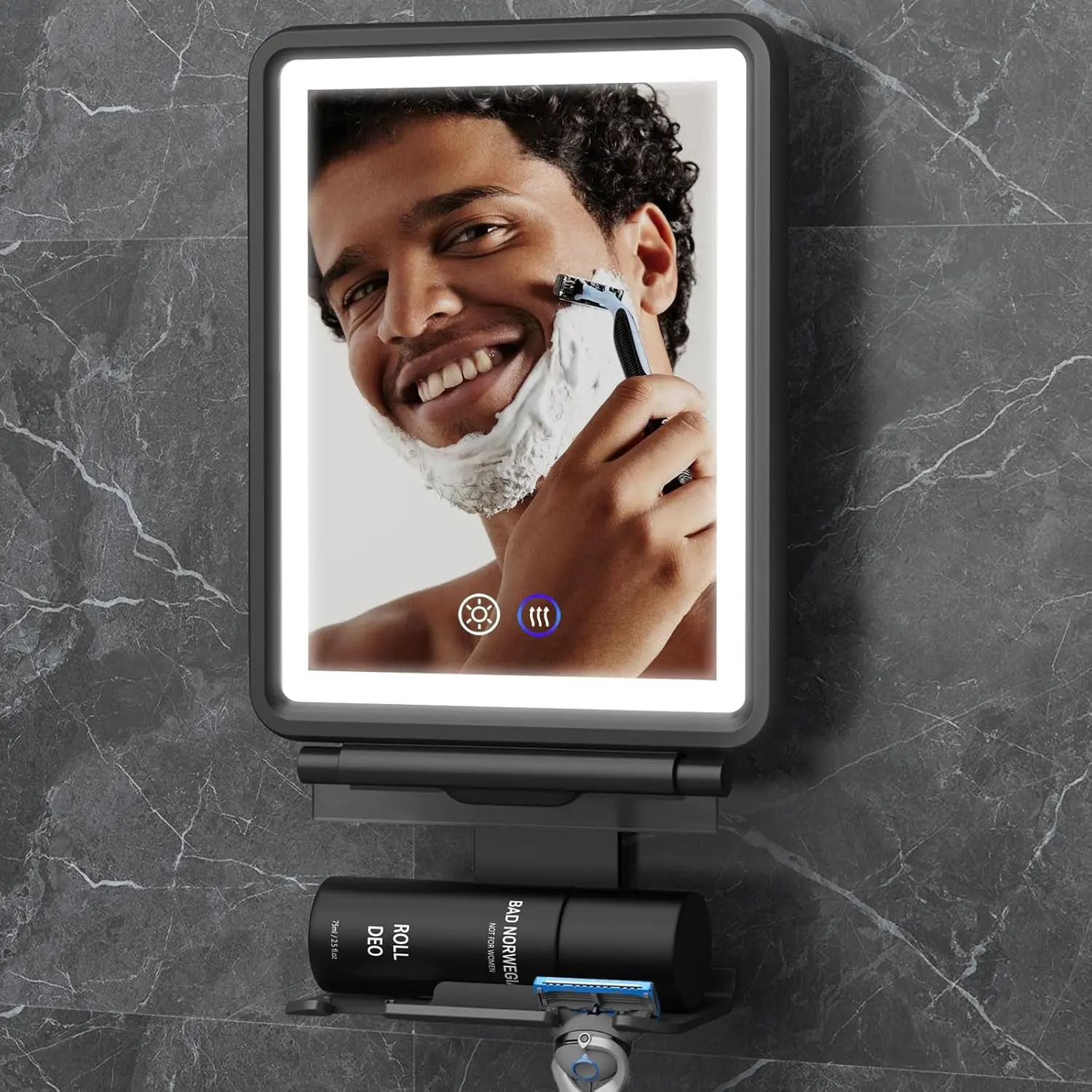 Heated Shower Mirror Fogless for Shaving with Light for Men | 3 Colors Stepless Dimmable Lights, Rechargeable Anti Fog Shaving Mirror with Razor Holder, No-Drilling, Light Memory Function