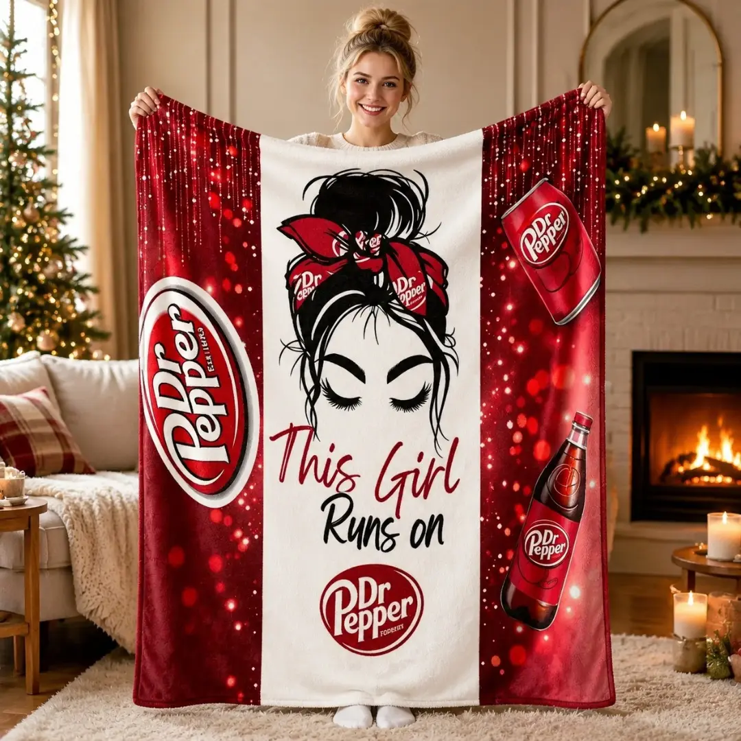 This Girl Runs on Dr Pepper Flannel Throw Blanket, Messy Bun Girl Dr Pepper Can Bottle Sparkle Print, Soft Lightweight Cozy Blanket for Sofa Bed, Cute Gift for Dr Pepper Loving Women & Girls