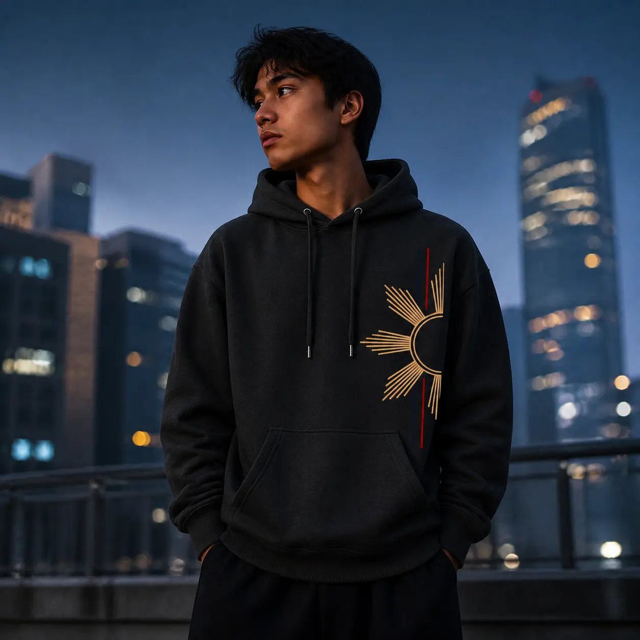 Unisex Minimalist Filipino Sun Flag Line Graphic Pullover Hoodie, Philippines Heritage Half Sun Red Blue Stripe Aesthetic Casual Streetwear Sweatshirt
