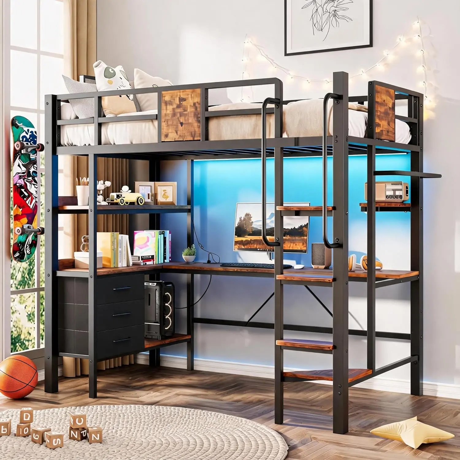 Gaomon RGB LED Twin Loft Bed with Desk & Stairs, Heavy Duty Metal Loft Bed Frame with USB Charging Station, 3 Storage Drawers & Bookshelf, Kids & Teens Gaming Bed