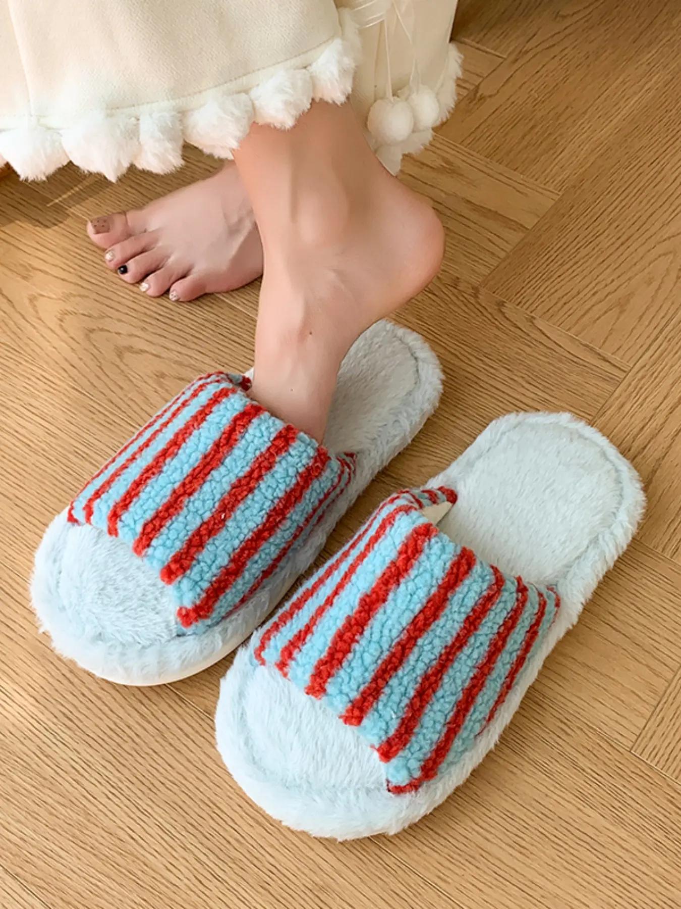 Striped Indoor Slippers, Unisex Warm Home Shoes, Comfortable Christmas Footwear, Washable, Simple Style, All Seasons, Women's Floor Slippers