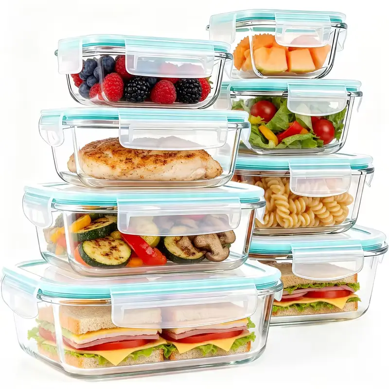 16-piece set of sealed glass food storage containers,  boxes, microwave ovens, ovens – perfect for salads, fruits, vegetables, and sandwiches,  boxes | sealed storage | durable glass, food storage containers (8 lids + 8 containers)  prep con meal office