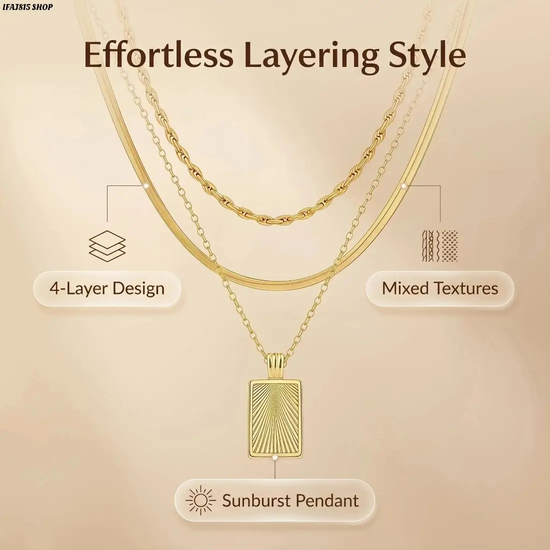 14K Gold Plated Multi-Strand Necklace for Women, Sunburst Pendant Herringbone Chain, Layered Dainty Statement Jewelry, Non-Tarnish Waterproof Gold Finish, Sensitive Skin Friendly for Everyday Wear, Date Night & Gifts