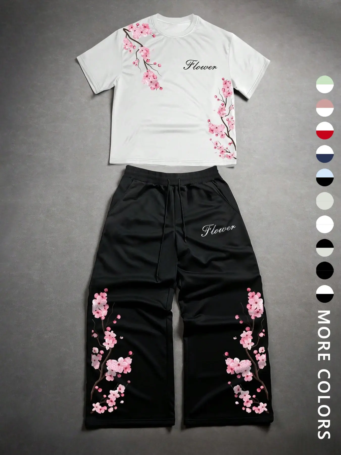 Unisex Y2K Sakura Two-Piece Set, Cherry Blossom Print Short-Sleeve T-Shirt and Wide-Leg Sweatpants, Japanese Floral Summer Streetwear for Anime Fans and Streetwear Lovers