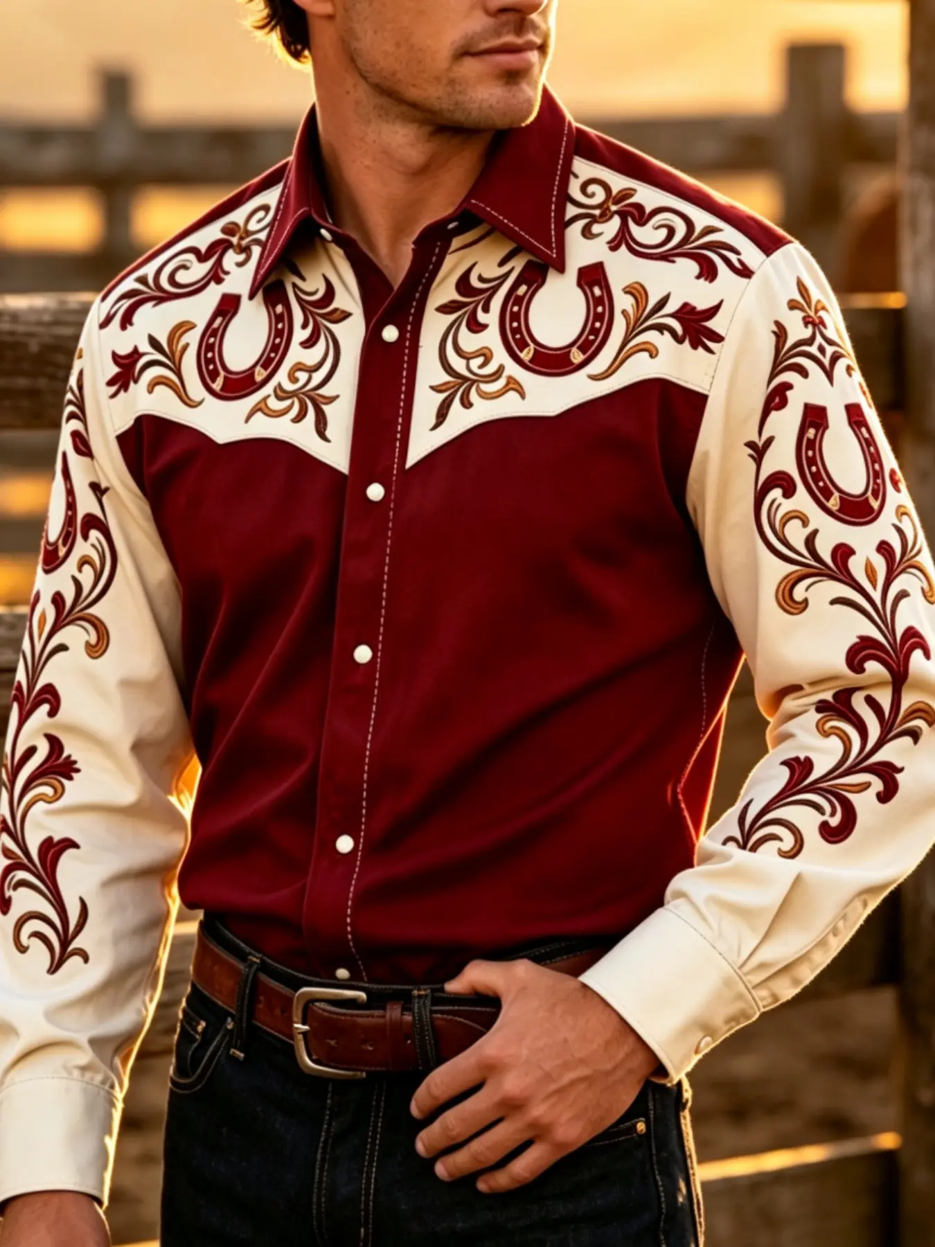 American Western Ethnic Style Horse Print Men's Long Sleeve Shirt, Slim-Fitting Casual Top, All Seasons Wear, Unlined Full Placket