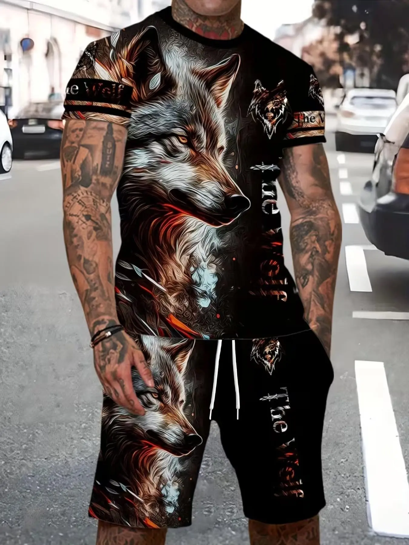 Men's Summer Sports Set, Wolf 3D Cool Print Short Sleeve Sportswear Fashion Set, Athleisure Set, T-Shirt and Shorts 2 Piece Casual, Athleisure Summer Clothes, Casual Sportswear Outfit, Casual Athletic Clothing