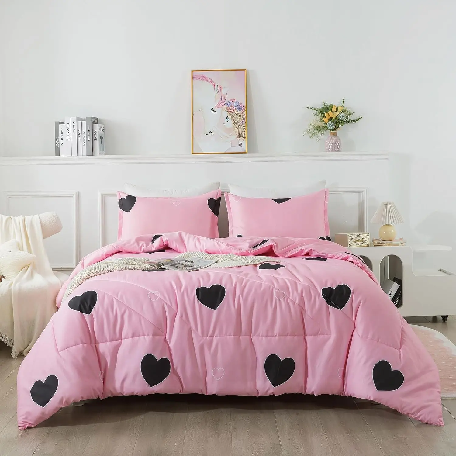 Girls Pink Comforter Set Twin Size - Blush Pink Cute Love Heart Print Comforter Bedding Set for All Seasons, Geometric Soft Microfiber Comforter Set with Pillowsham
