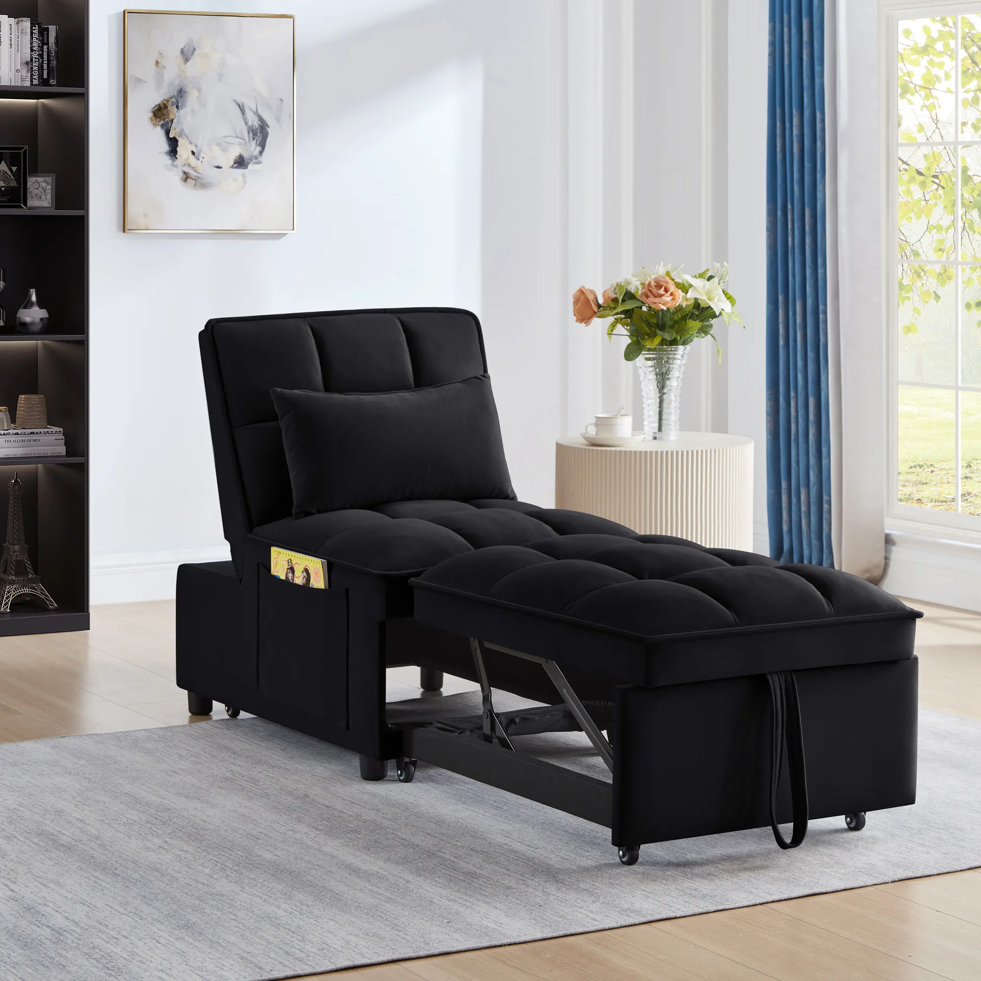 Nokaa 4-in-1 Convertible Single Sofa Bed with Storage Pockets, Tufted Pull-Out Sleeper with Adjustable Backrest and Pillows, Velvet Chaise Lounge for Living Room, Black, Multiple Configurations